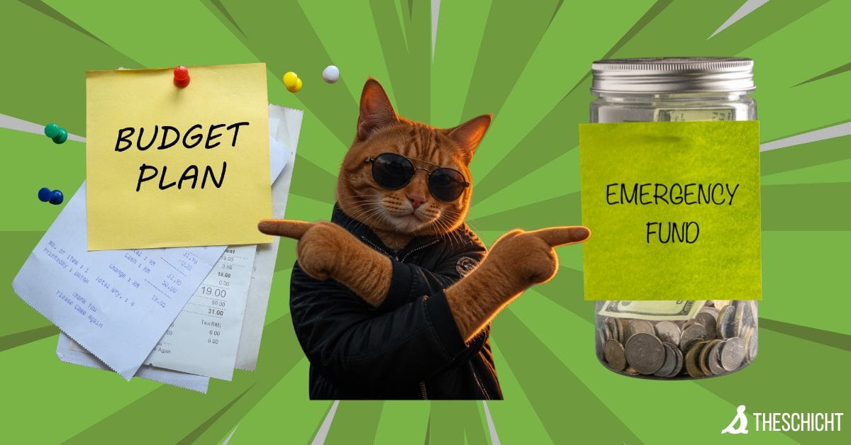 A cool orange cat wearing sunglasses and a black jacket points simultaneously to a sticky note reading "BUDGET PLAN" attached to store receipts, and another sticky note reading "EMERGENCY FUND" stuck to a glass jar filled with coins, all set against a green starburst background.