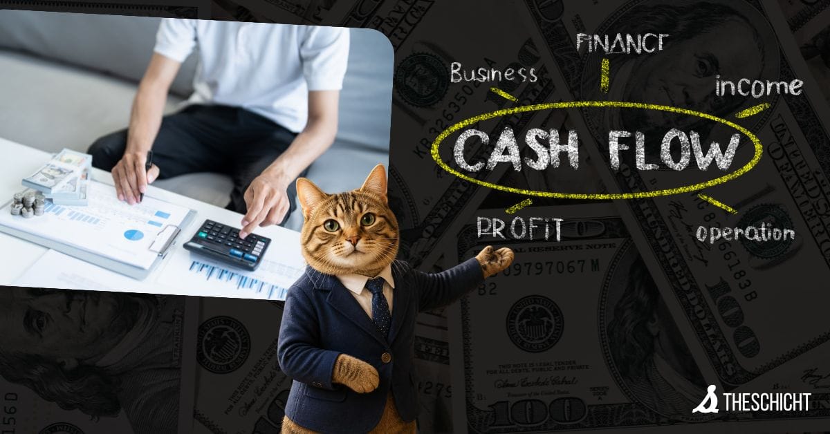 A collage featuring an inset photo of a person calculating finances with paperwork, while in the foreground, a tabby cat dressed in a professional business suit and tie gestures toward a digital chalkboard. The board displays the words "CASH FLOW" prominently circled in yellow, surrounded by related terms like "Finance," "Business," "Profit," and "Income," all overlaid on a background of faded 100-dollar bills.